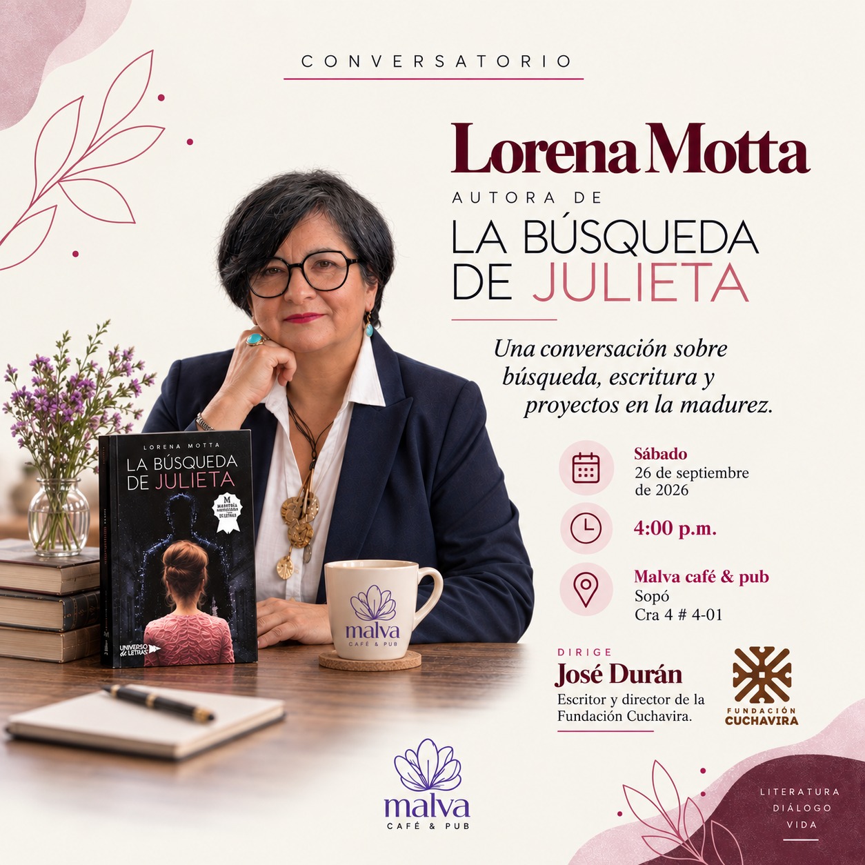 Conversatorio con Lorena Motta — La búsqueda de Julieta — Malva Café & Pub, Sopó, 26 de septiembre de 2026